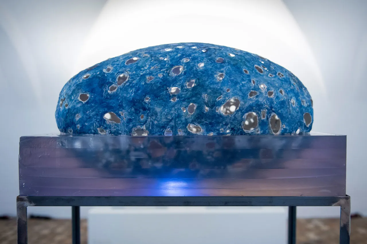 Zelle zu Wasser und zu Land, 2017, Papier bemalt in Kunstharz auf Stahl, 120 x 68 x 37 cm