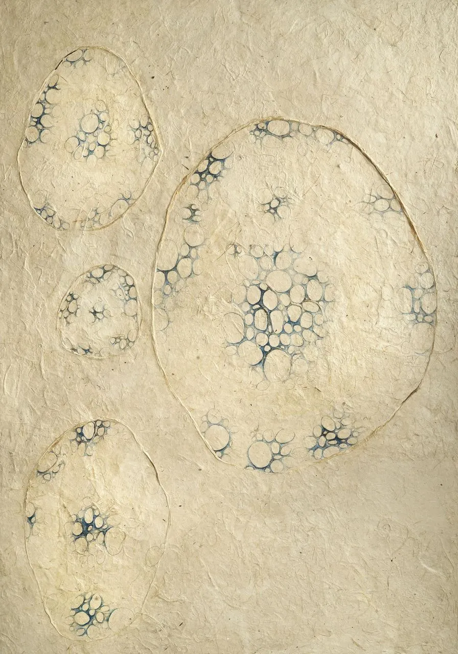 Zelle blau 01, 2016, Papier kaschiert auf Holz mit Buntstift, 100 x 70 cm